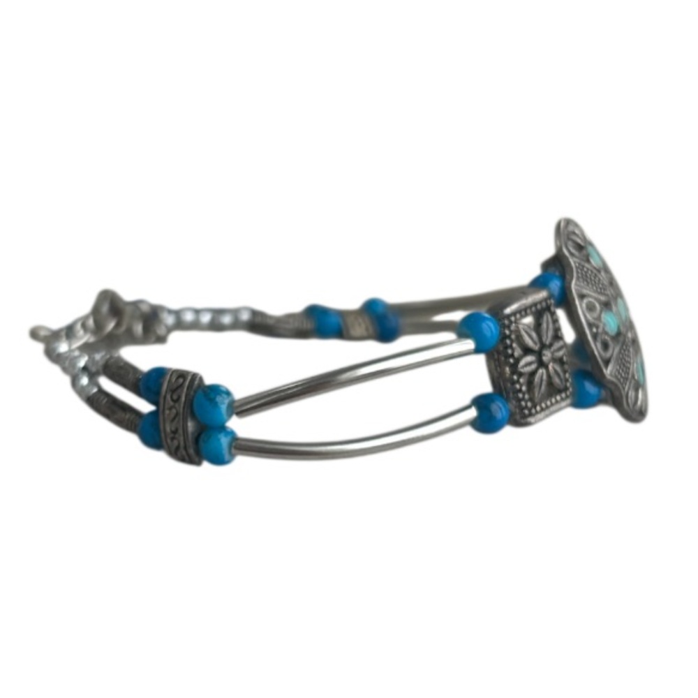Vintage Silver Cuff Bracelet Handmade Hand Crafted Jewelry Blue Green Turquoise - Picture 11 of 16